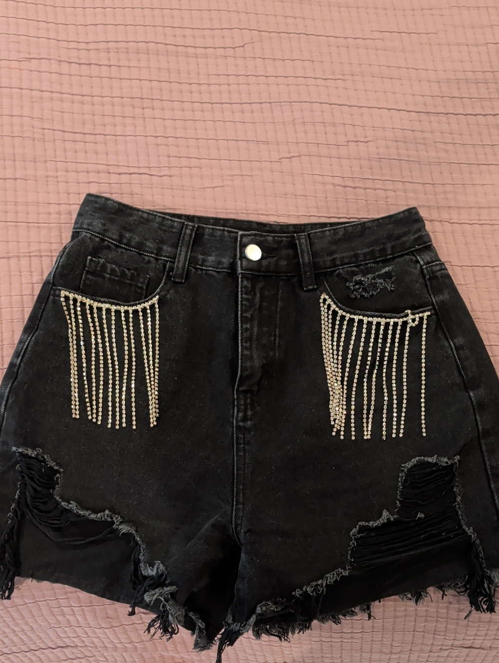 Cider Black High-Rise Distressed Denim Shorts with Silver Diamond Chain Fringe